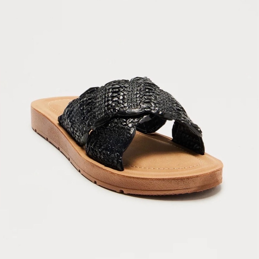 Raffia Black Slide Sandals